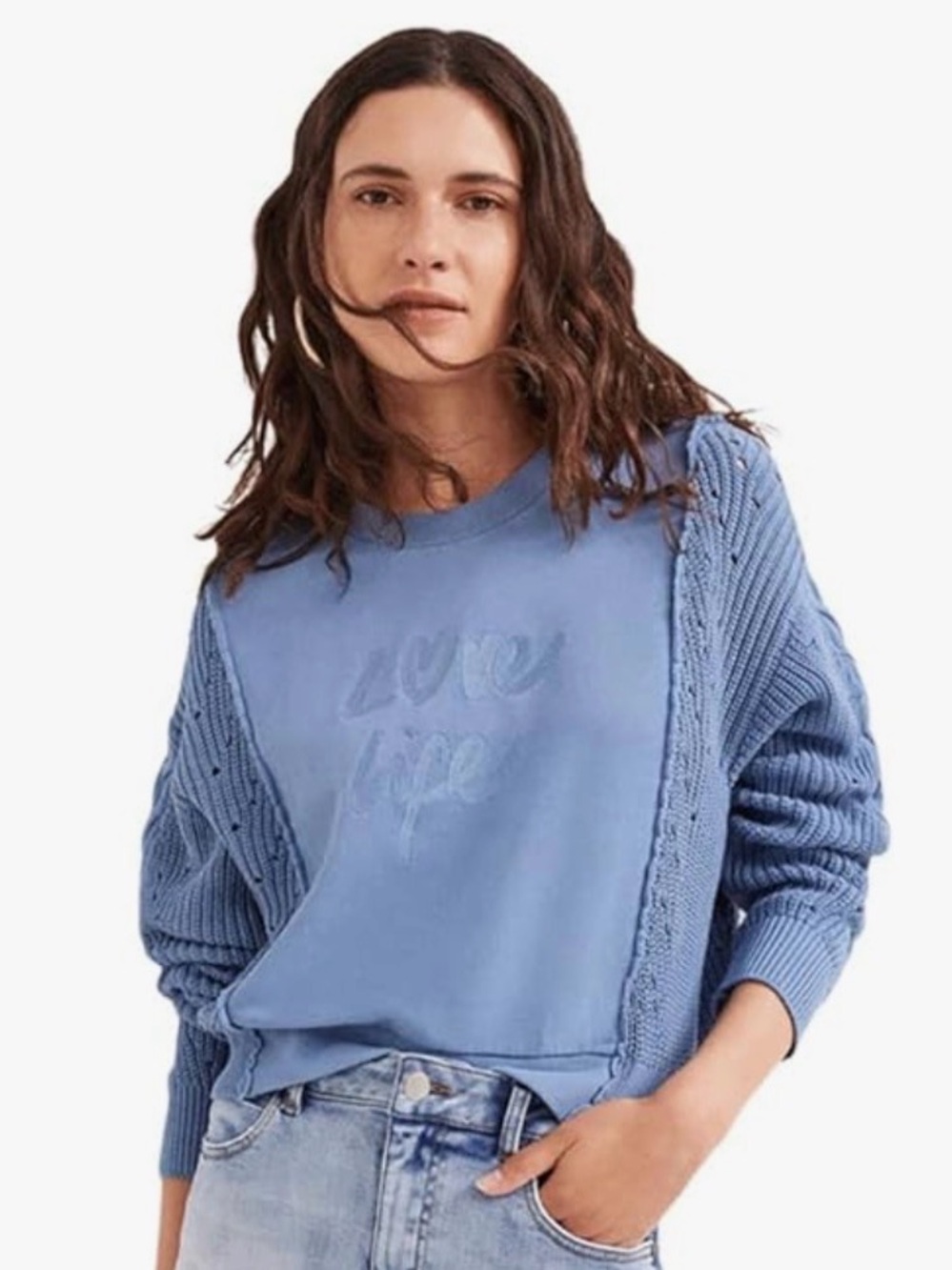 💙Desigual “Love Life” Light Blue Cable-Knit Cardigan size M💙 good condition